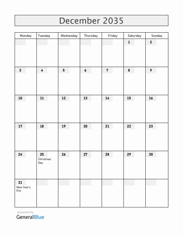 Ecuador December 2035 Calendar with Holidays