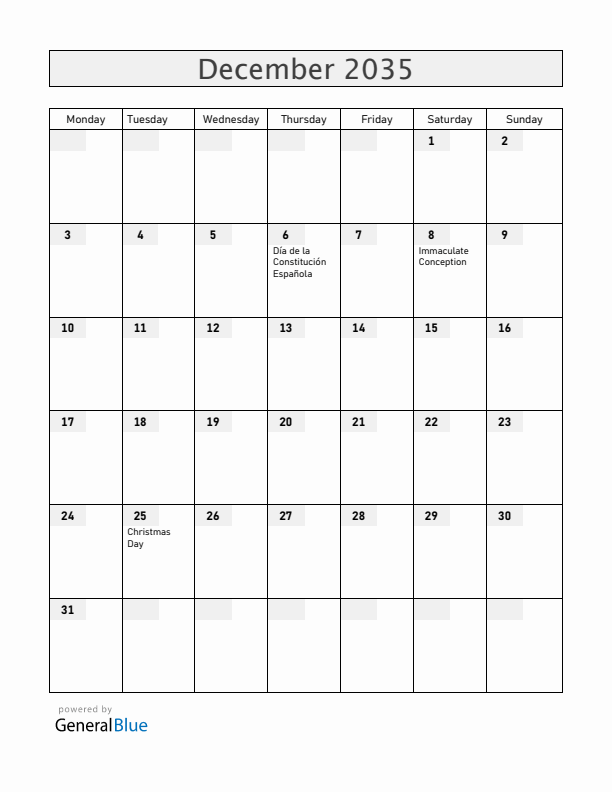 Spain December 2035 Calendar with Holidays