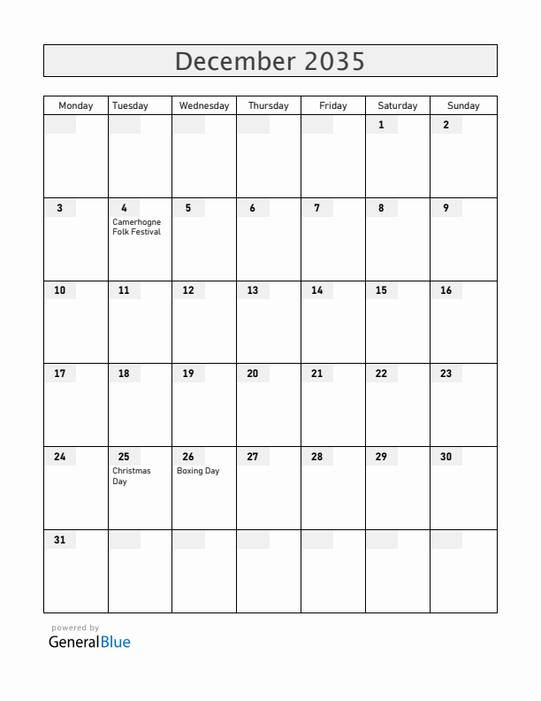 Grenada December 2035 Calendar with Holidays