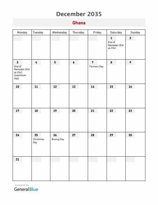 Ghana December 2035 Calendar with Holidays