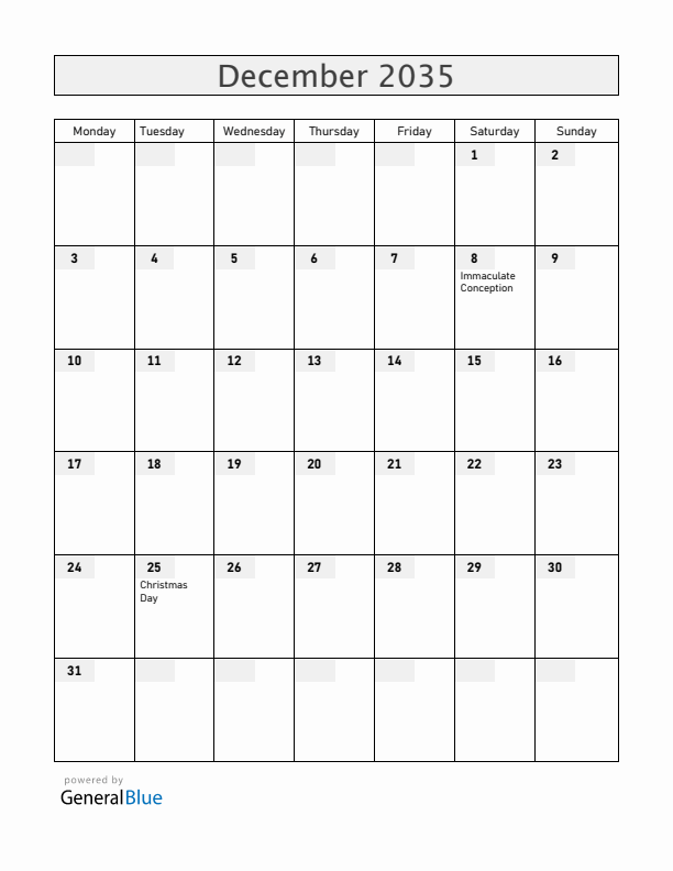 Equatorial Guinea December 2035 Calendar with Holidays