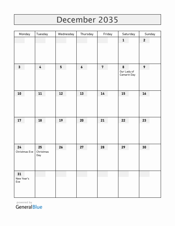 Guam December 2035 Calendar with Holidays