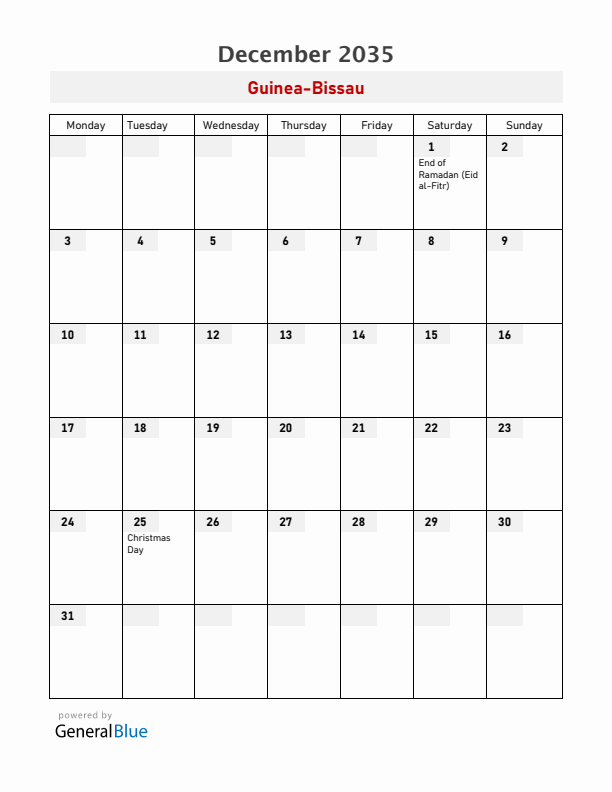 Guinea-Bissau December 2035 Calendar with Holidays