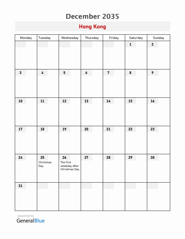 Hong Kong December 2035 Calendar with Holidays
