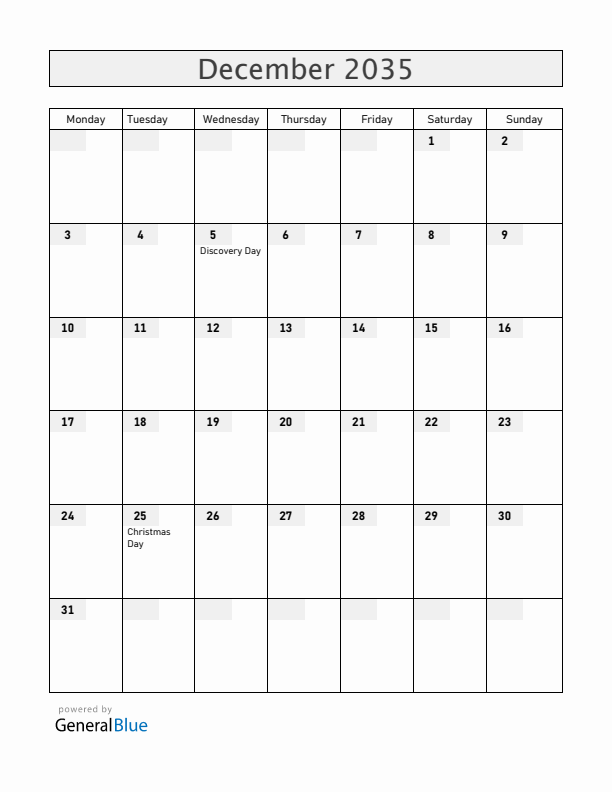 Haiti December 2035 Calendar with Holidays