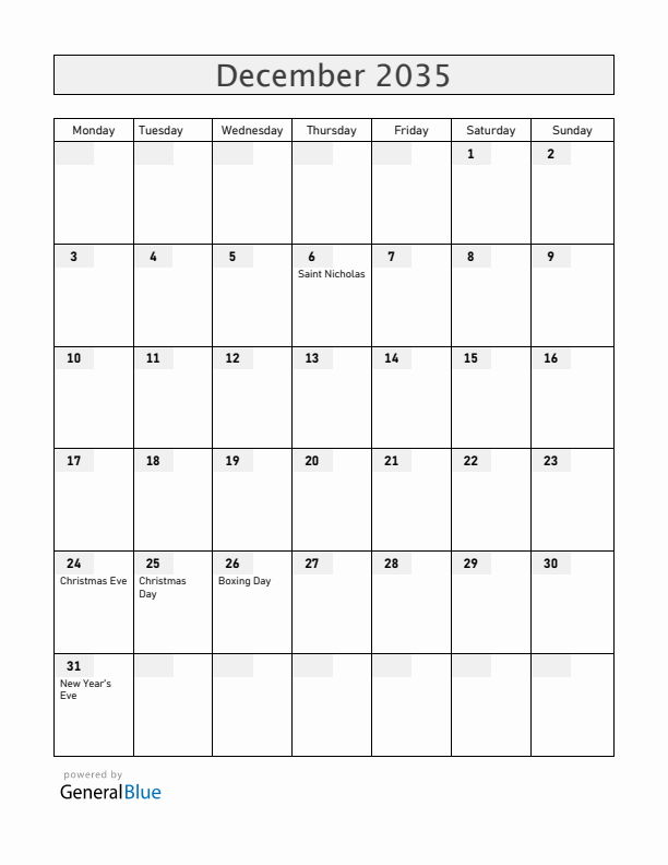 Hungary December 2035 Calendar with Holidays