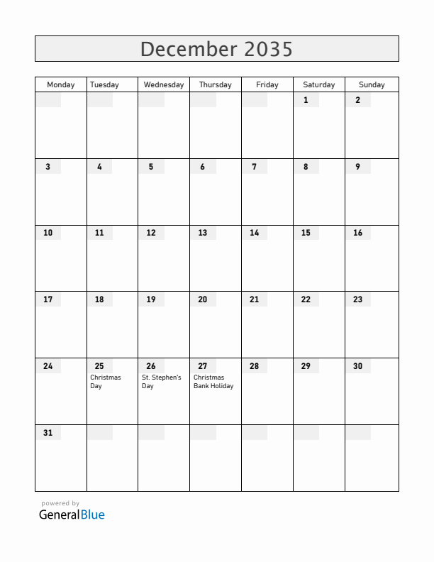 Ireland December 2035 Calendar with Holidays