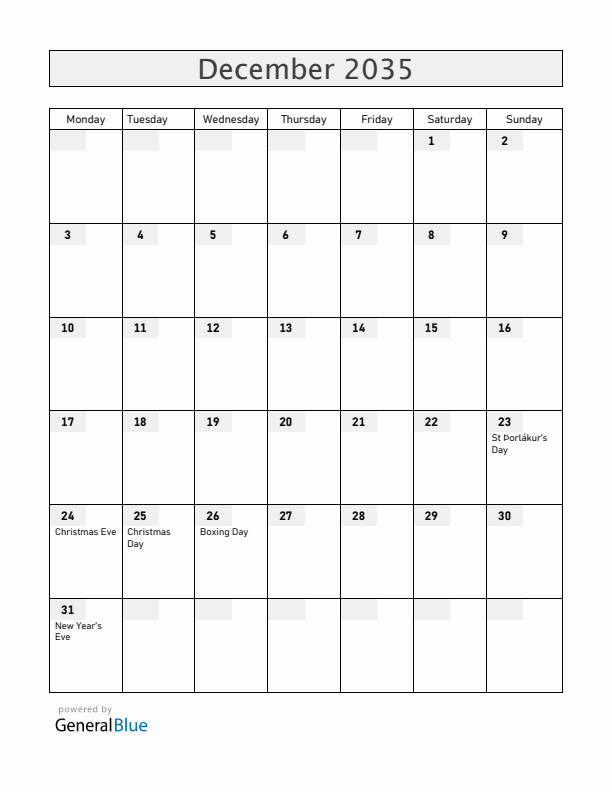 Iceland December 2035 Calendar with Holidays
