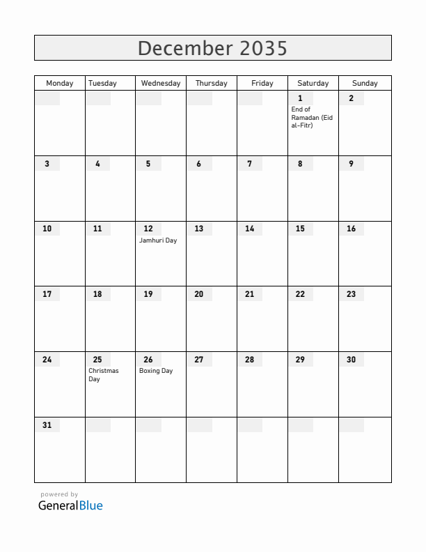 Kenya December 2035 Calendar with Holidays