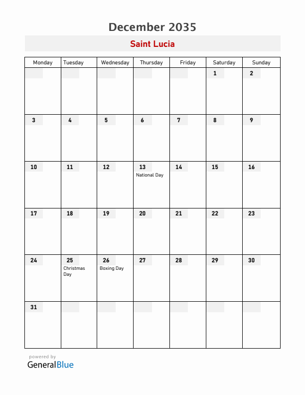 Saint Lucia December 2035 Calendar with Holidays