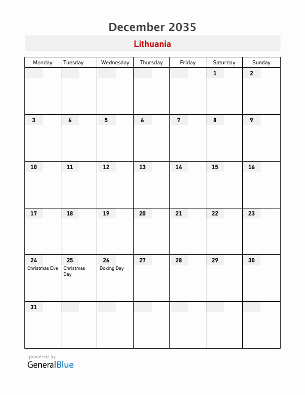Lithuania December 2035 Calendar with Holidays