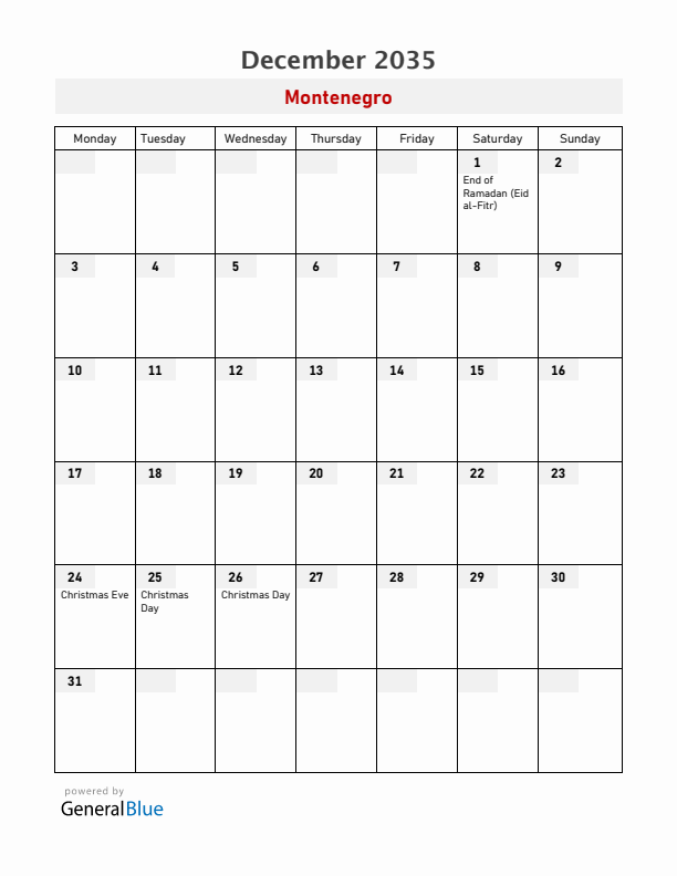 Montenegro December 2035 Calendar with Holidays