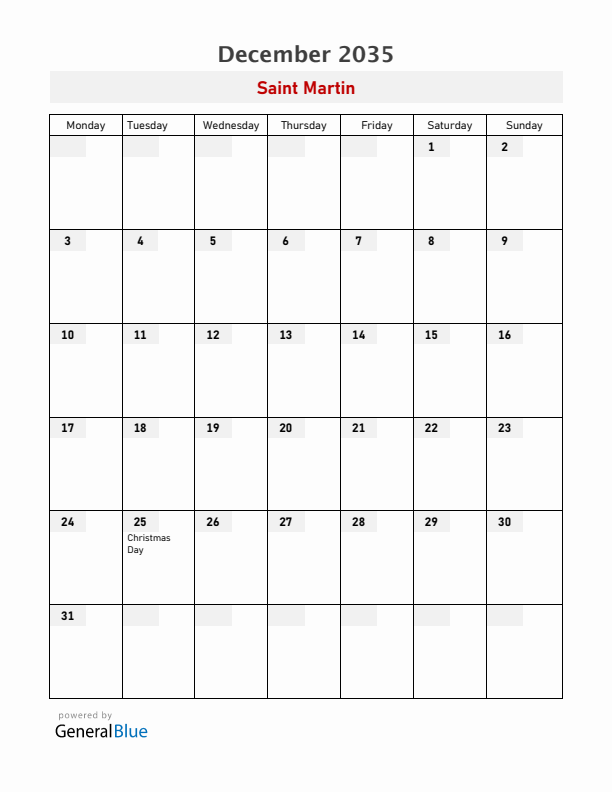 Saint Martin December 2035 Calendar with Holidays