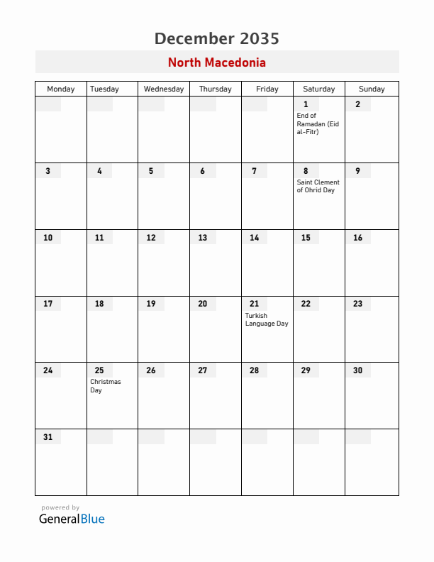 North Macedonia December 2035 Calendar with Holidays