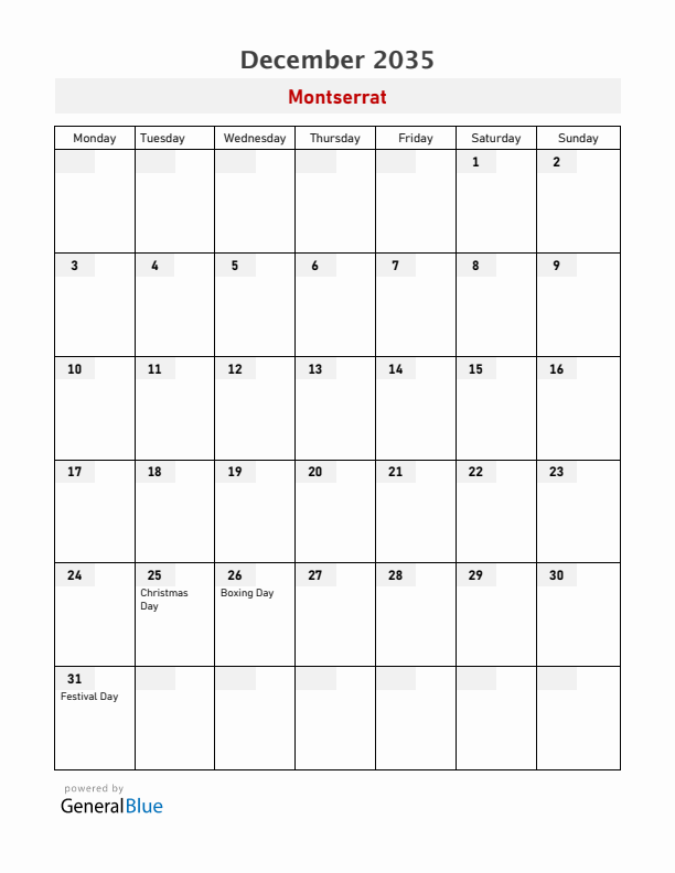 Montserrat December 2035 Calendar with Holidays