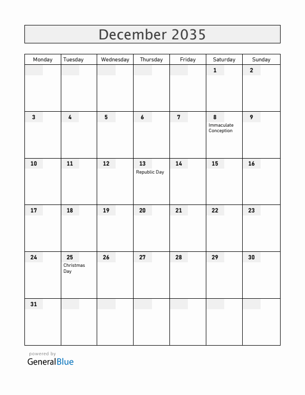 Malta December 2035 Calendar with Holidays