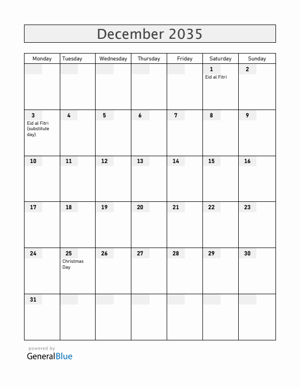 Malawi December 2035 Calendar with Holidays