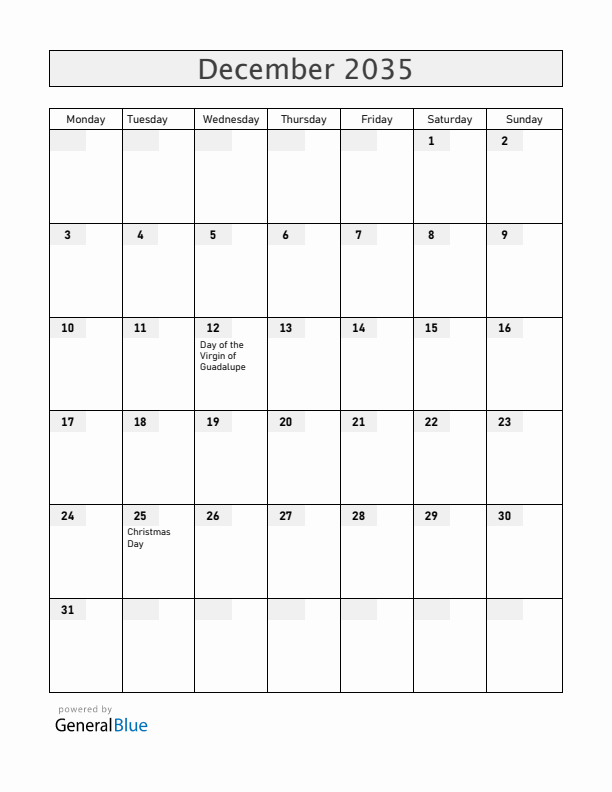 Mexico December 2035 Calendar with Holidays