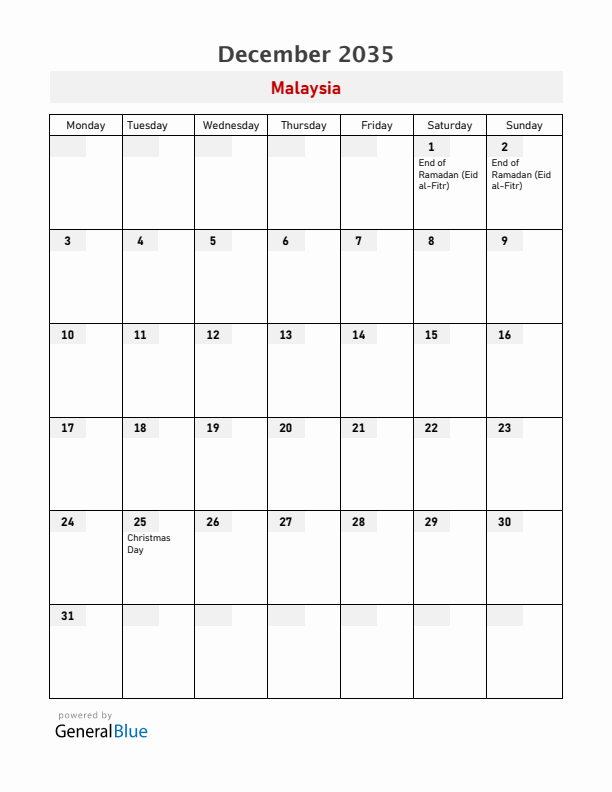 Malaysia December 2035 Calendar with Holidays