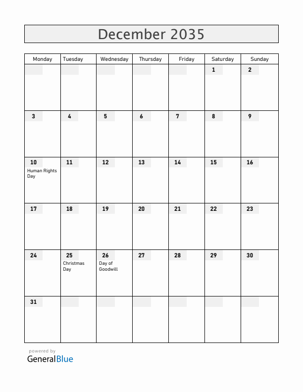 Namibia December 2035 Calendar with Holidays