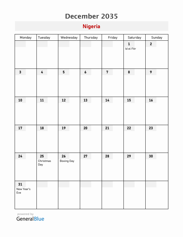 Nigeria December 2035 Calendar with Holidays