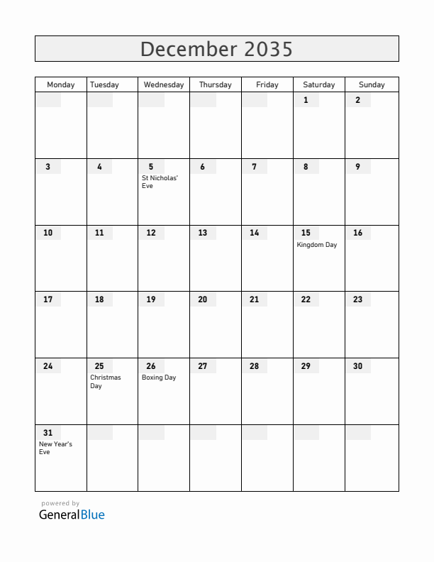 The Netherlands December 2035 Calendar with Holidays