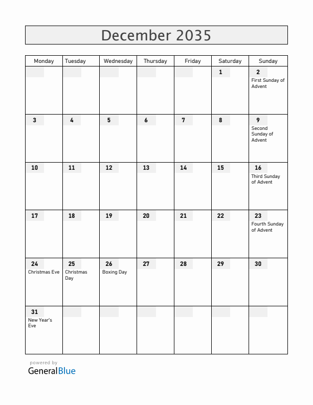 Norway December 2035 Calendar with Holidays