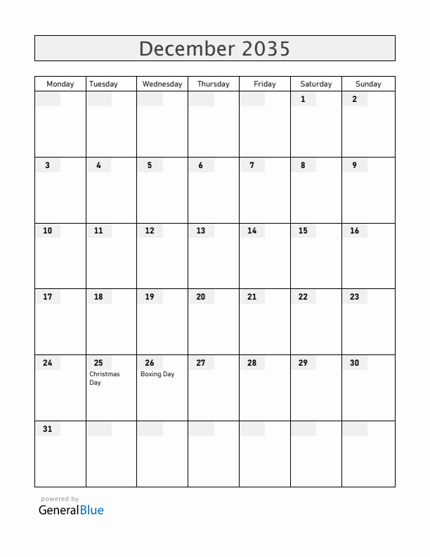 New Zealand December 2035 Calendar with Holidays