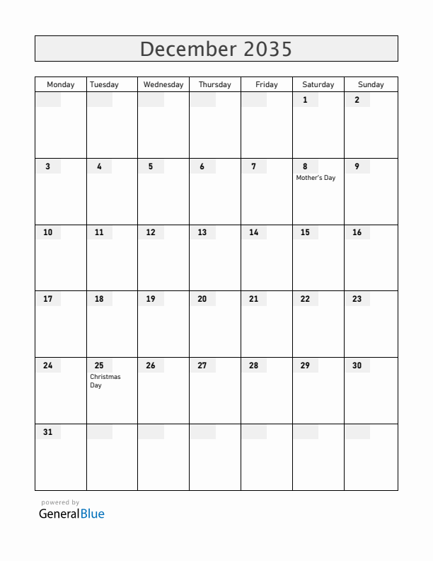 Panama December 2035 Calendar with Holidays