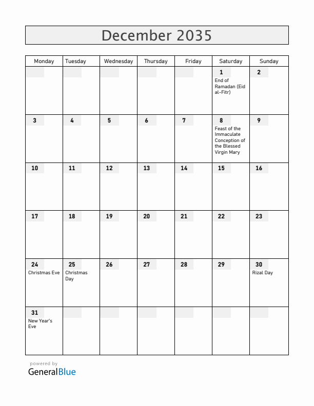 Philippines December 2035 Calendar with Holidays