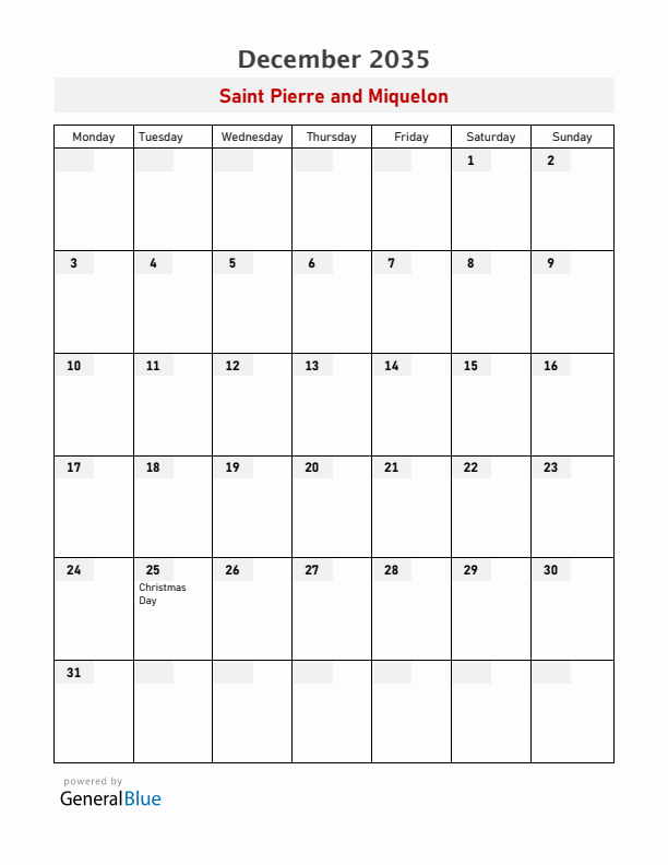 Saint Pierre and Miquelon December 2035 Calendar with Holidays