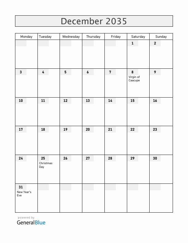 Paraguay December 2035 Calendar with Holidays
