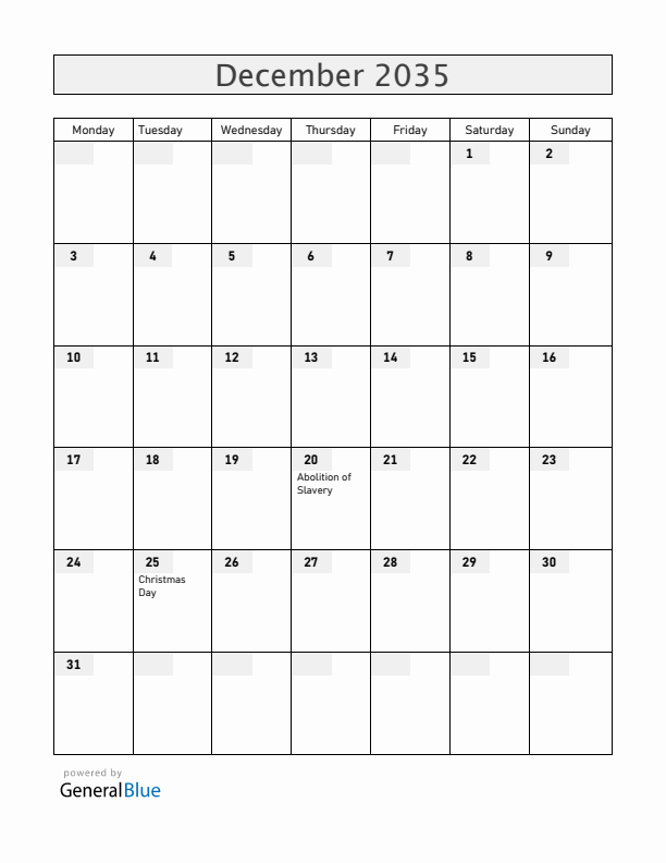Reunion December 2035 Calendar with Holidays
