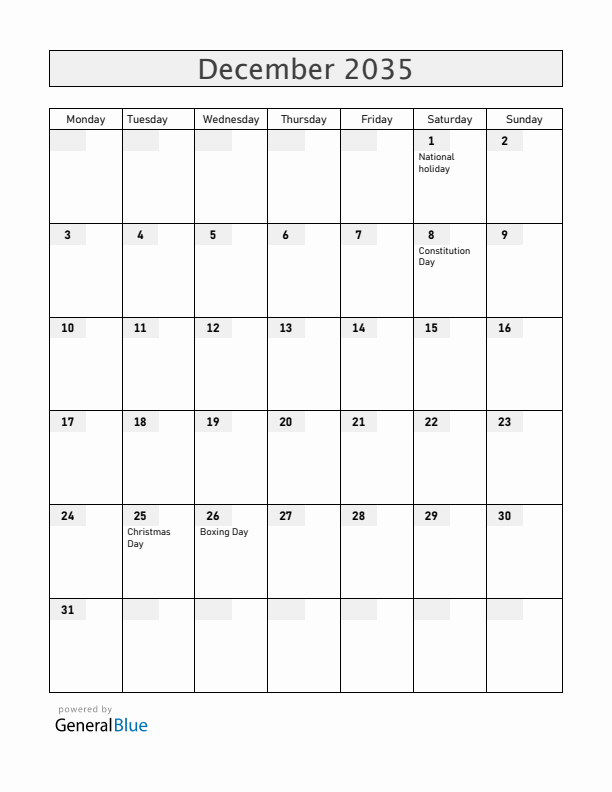 Romania December 2035 Calendar with Holidays