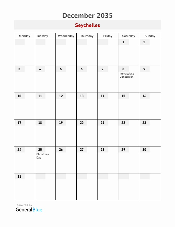 Seychelles December 2035 Calendar with Holidays