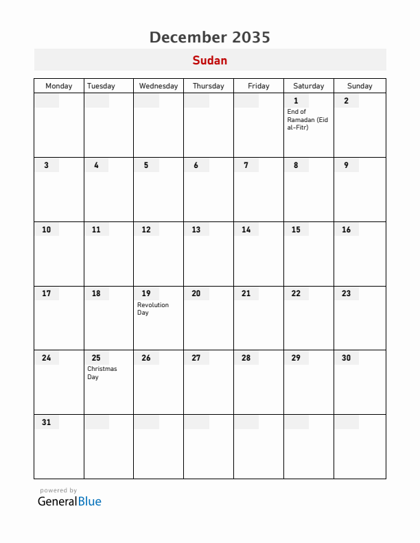Sudan December 2035 Calendar with Holidays