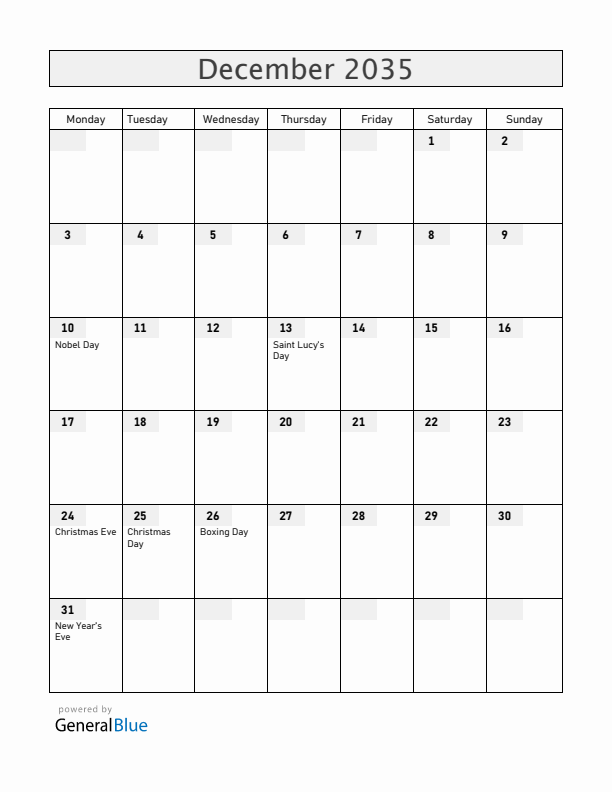 Sweden December 2035 Calendar with Holidays