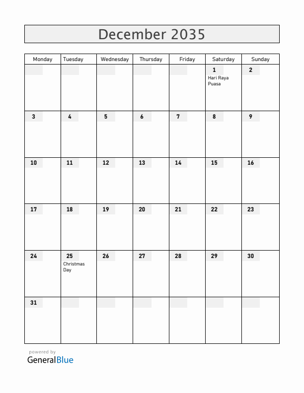 Singapore December 2035 Calendar with Holidays