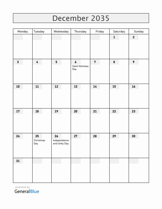 Slovenia December 2035 Calendar with Holidays