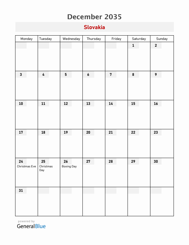 Slovakia December 2035 Calendar with Holidays