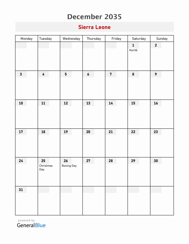 Sierra Leone December 2035 Calendar with Holidays