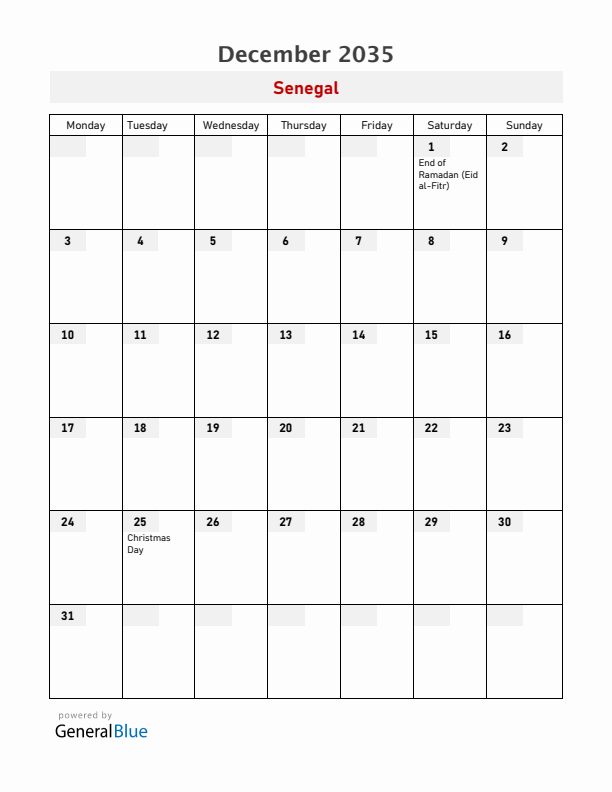 Senegal December 2035 Calendar with Holidays