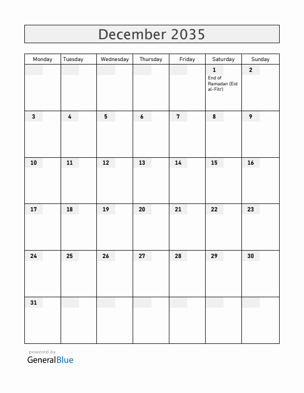 Somalia December 2035 Calendar with Holidays