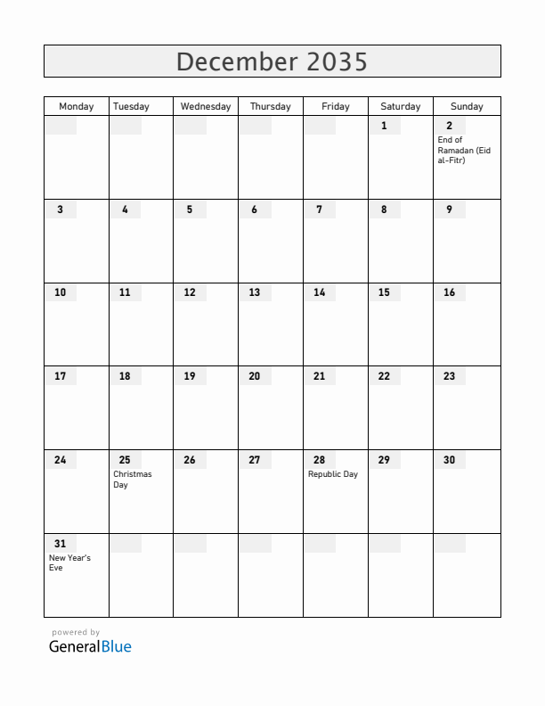 South Sudan December 2035 Calendar with Holidays