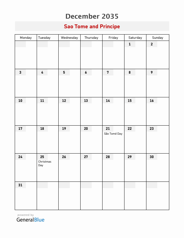 Sao Tome and Principe December 2035 Calendar with Holidays