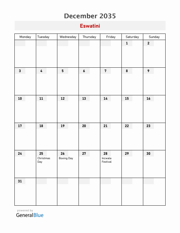 Eswatini December 2035 Calendar with Holidays