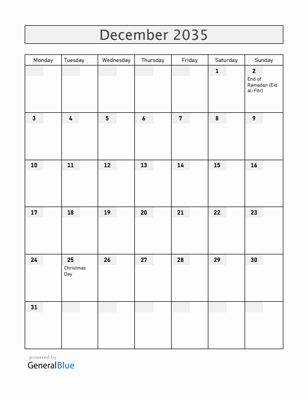 Togo December 2035 Calendar with Holidays