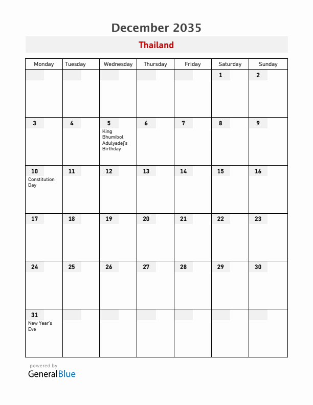 Thailand December 2035 Calendar with Holidays