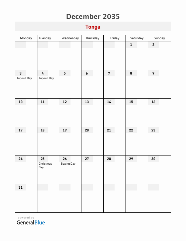 Tonga December 2035 Calendar with Holidays