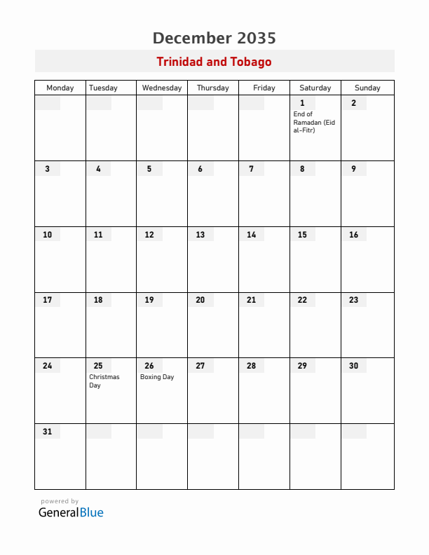 Trinidad and Tobago December 2035 Calendar with Holidays